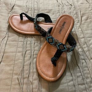 Minnetonka beaded black suede flip flops